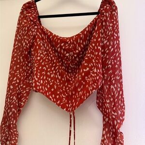 Lush Red and White Patterned Long-Sleeve Crop Top